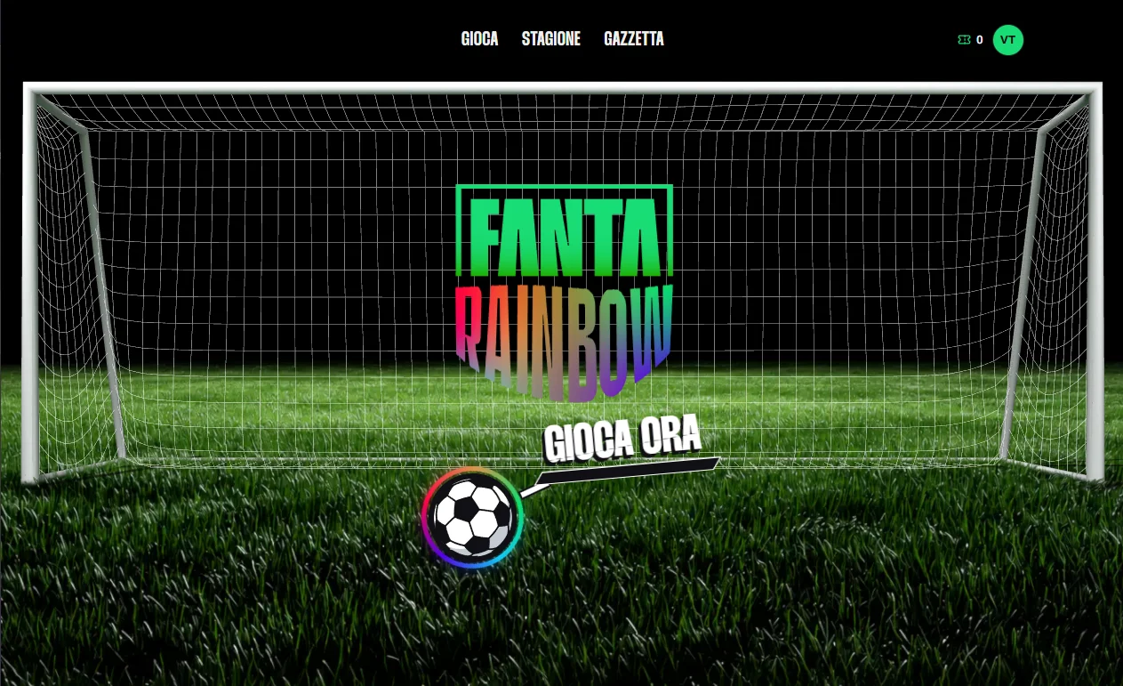 Fanta Rainbow: una porta da calcio su un campo in erba con il logo Fanta Rainbow e la scritta Gioca ora