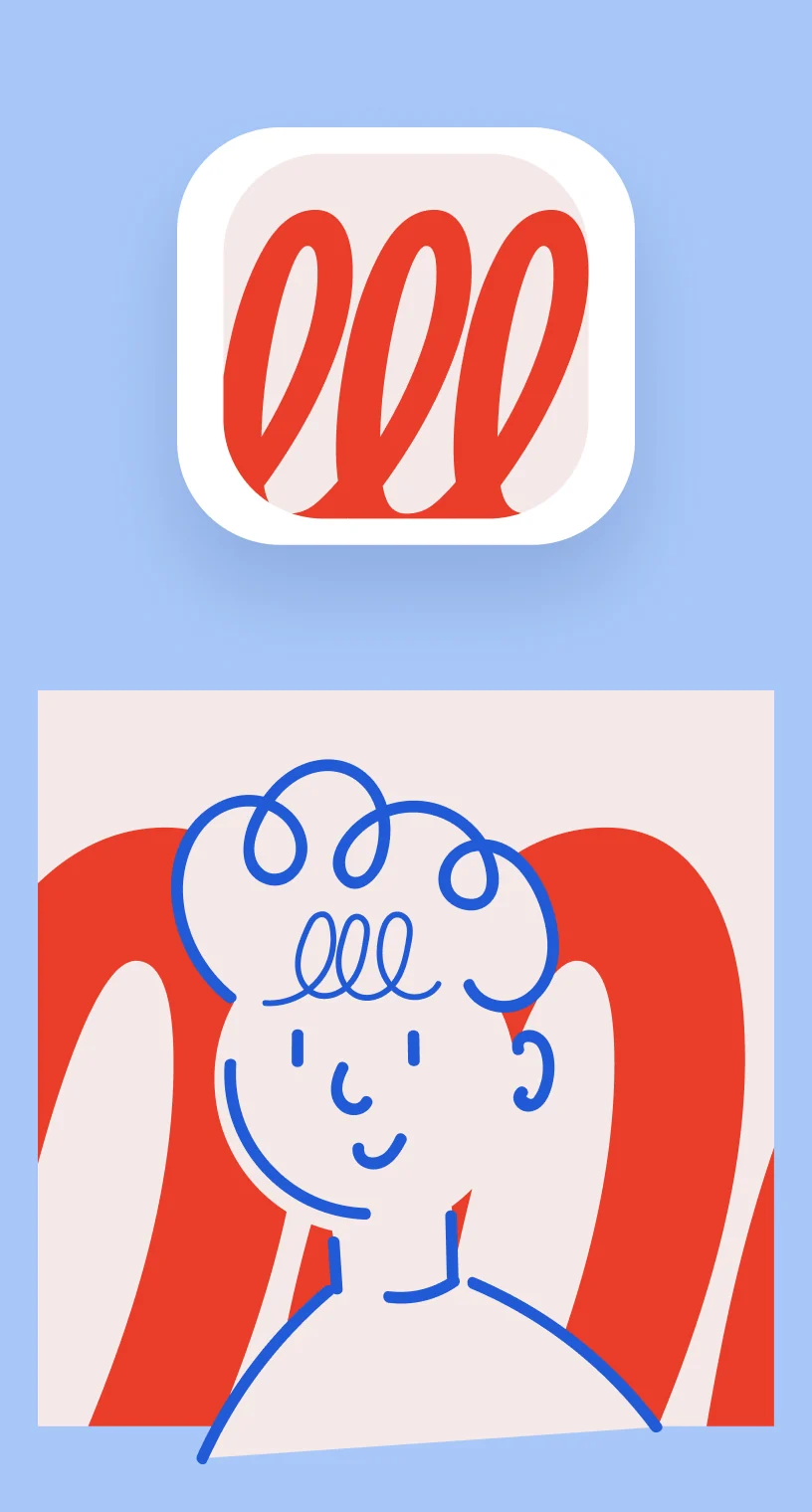 L’icona dell’app Helllo con le tre l rosse, sopra un ritratto illustrato in rosso e blu